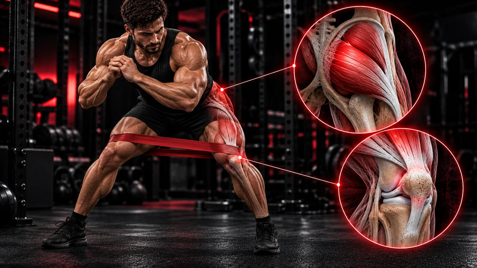Knee pain when squatting treated through the hip: a lifter doing a lateral band walk with a resistance band above the knees