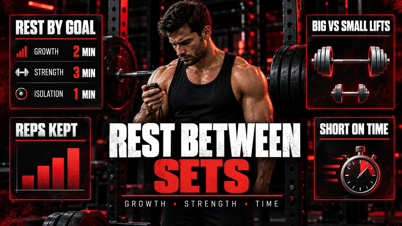 Rest between sets infographic: rest by goal, reps kept, big vs small lifts and short on time