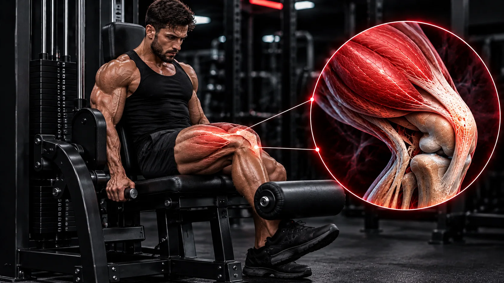 Isometric hold for tendon pain: a lifter holding a still leg extension at about 60 degrees of knee flexion