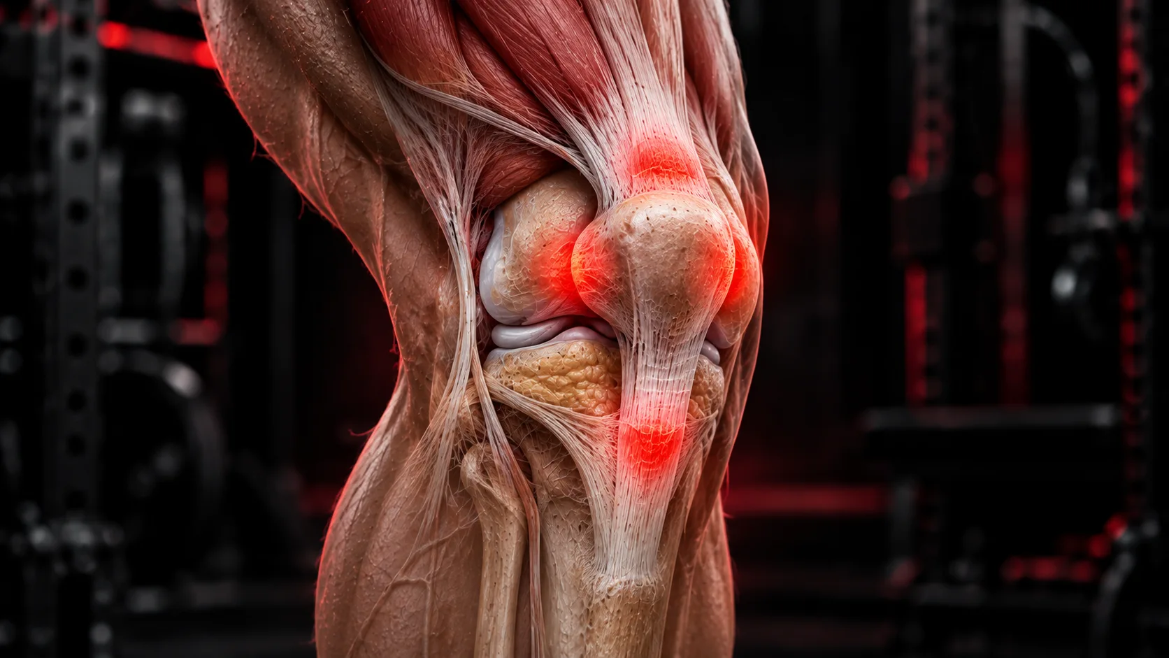 Knee pain when squatting: a lifter knee with four zones glowing, around the kneecap, at its lower tip, above it and below it