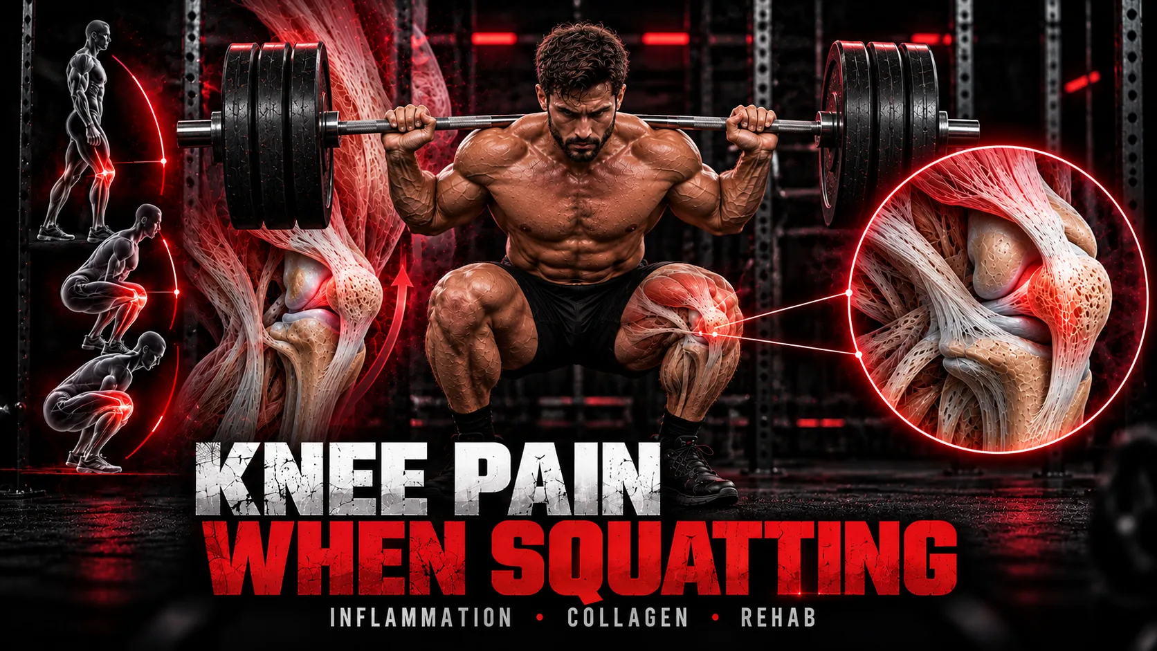 Knee pain when squatting illustrated with a resistance-trained man performing a barbell squat and a patellofemoral knee anatomy overlay