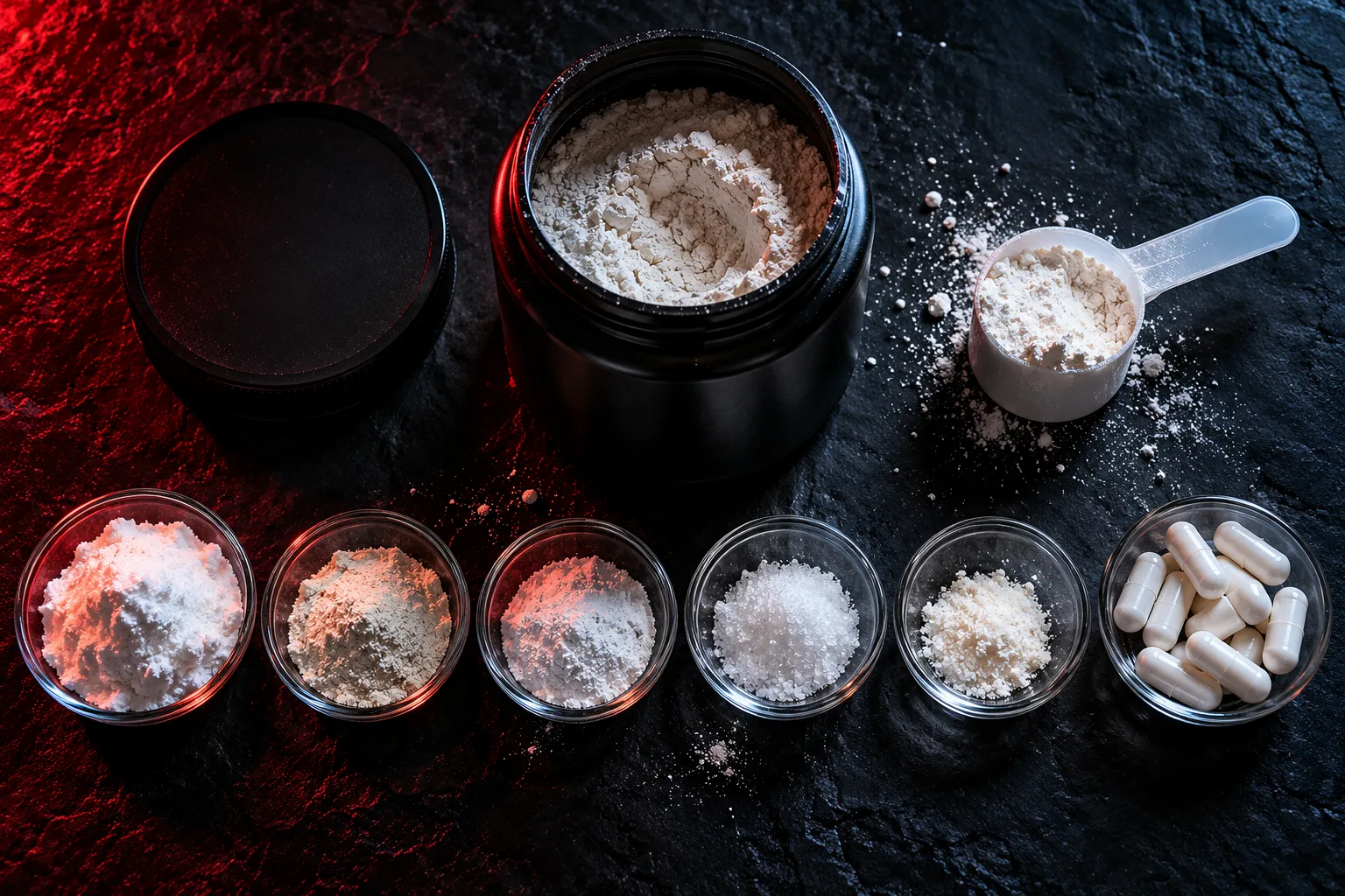 Non stim pre workout ingredients: an open plain black supplement tub with a scoop beside five small glass dishes of white powders and one of capsules on dark slate