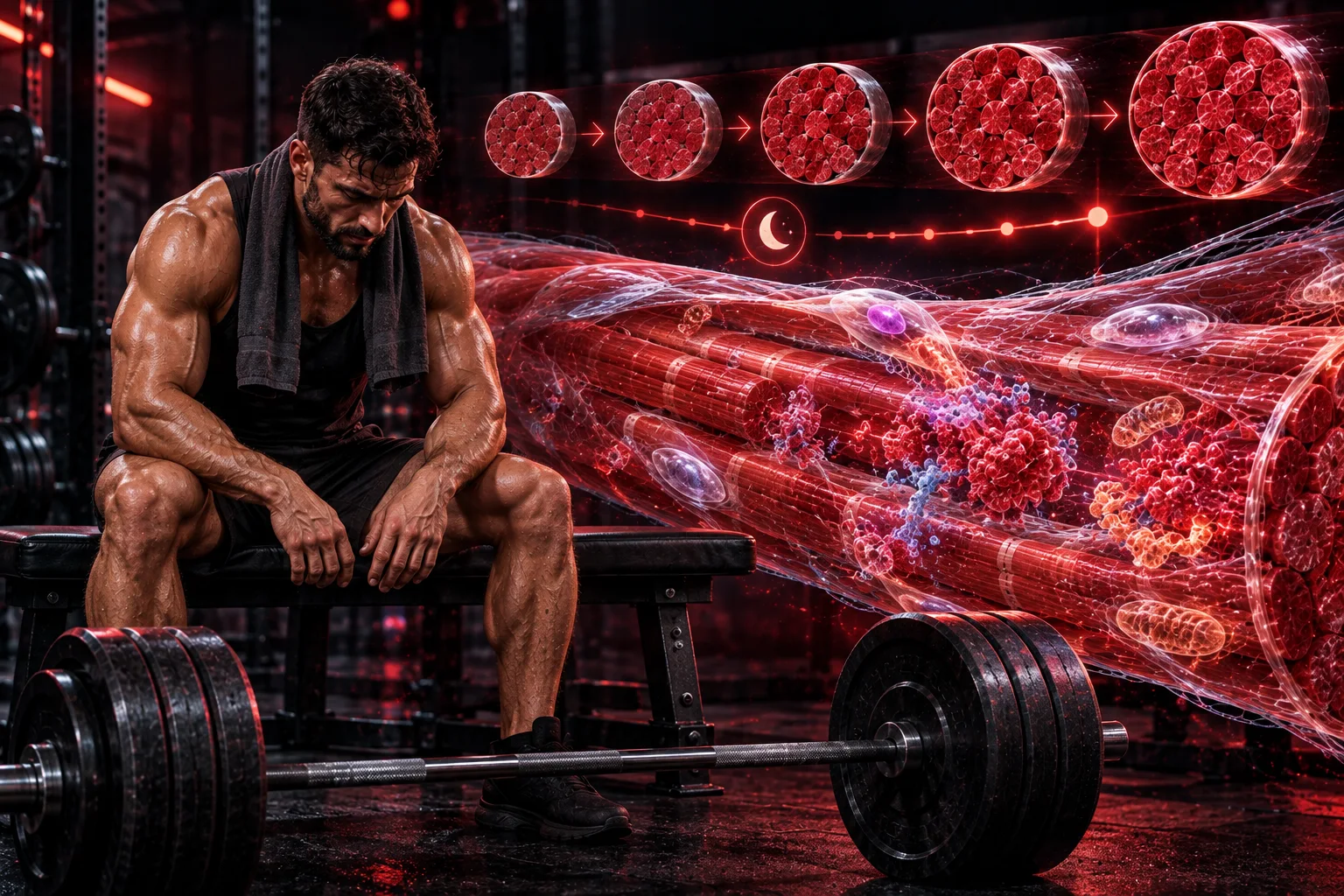 Training volume and recovery: a lifter resting on a bench after a session, the repair phase in which the dose of weekly sets is turned into muscle