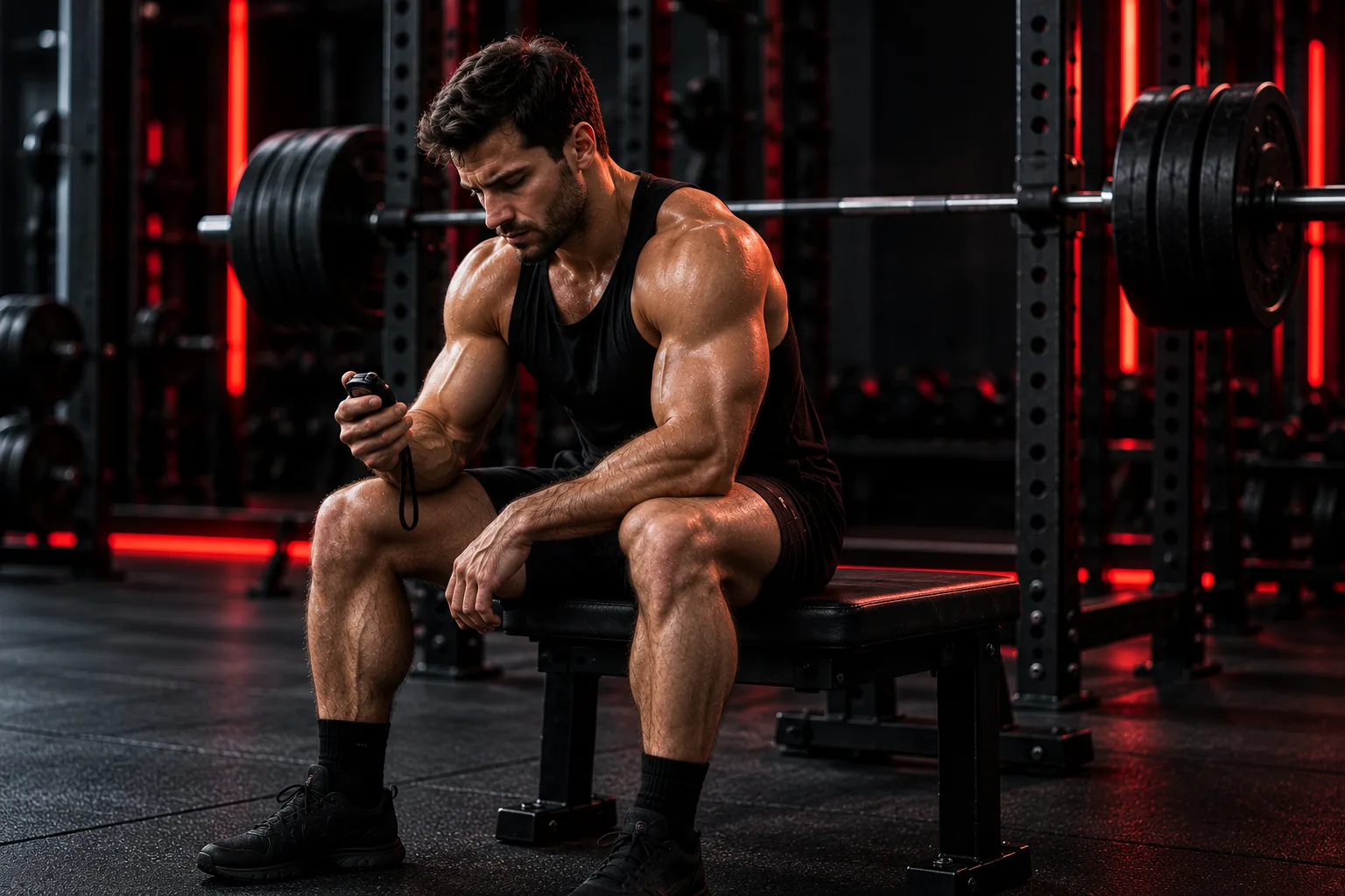 How long to rest between sets: a muscular man in a black tank top sitting on a flat weight bench between sets, holding a stopwatch, with a loaded barbell in a rack behind him in a dark gym