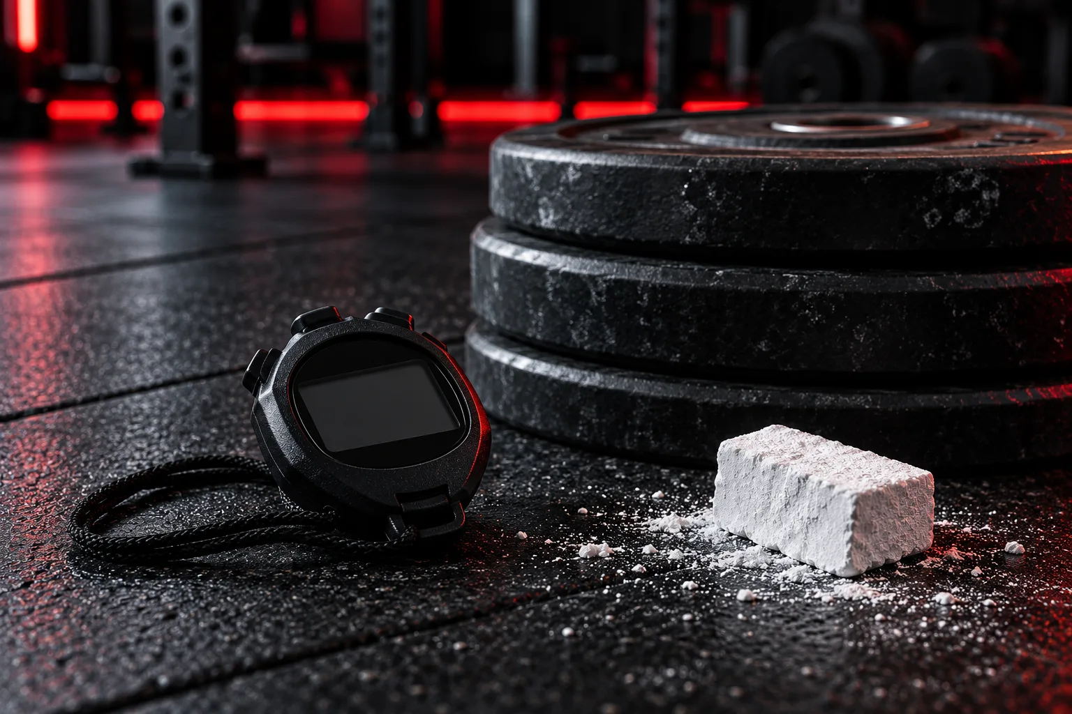 A black stopwatch lying on a dark gym floor next to a chalk block and stacked black weight plates, with a red light strip in the background