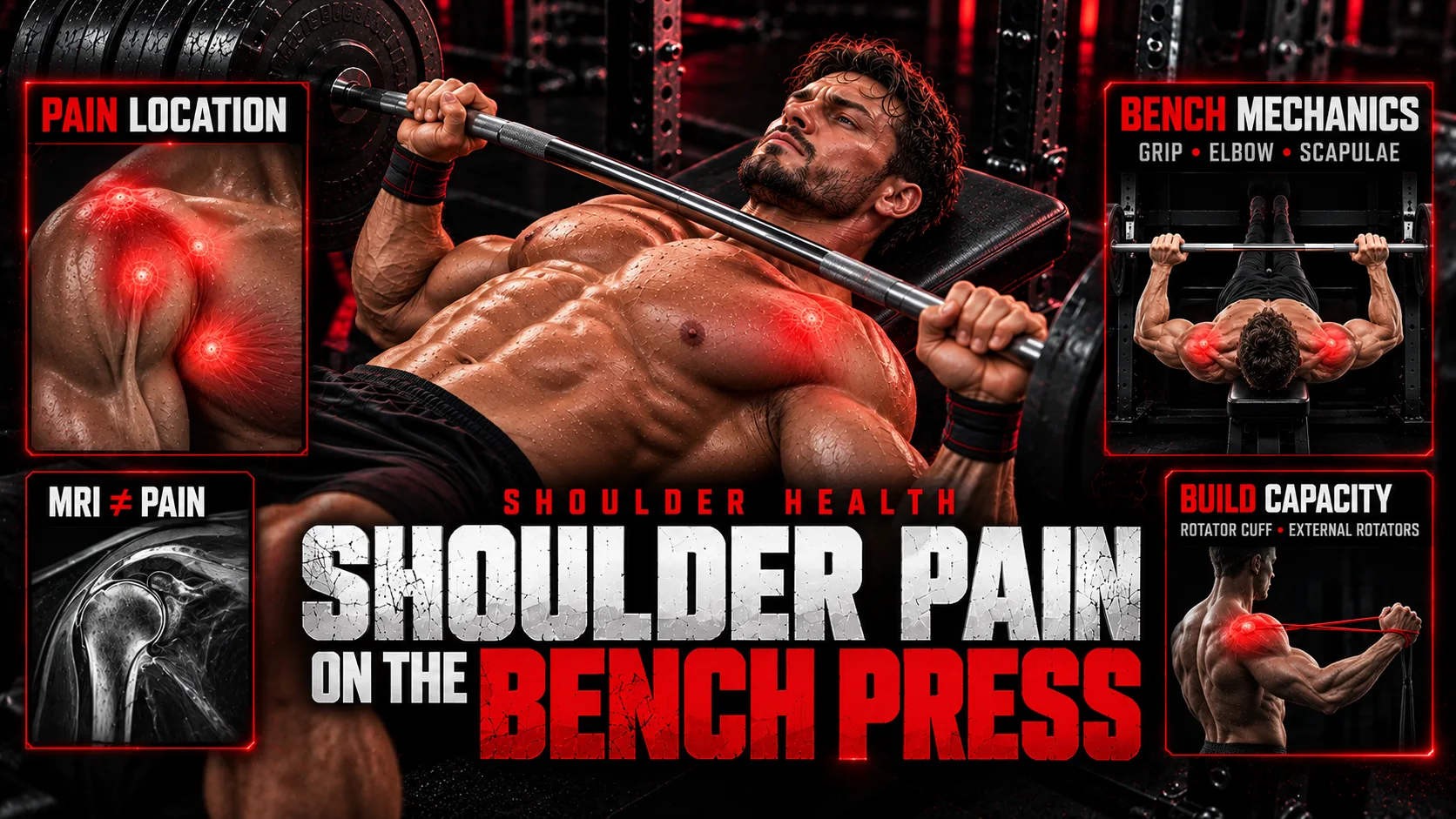 Shoulder pain on the bench press illustrated with a resistance-trained man bench pressing and an anatomical shoulder overlay