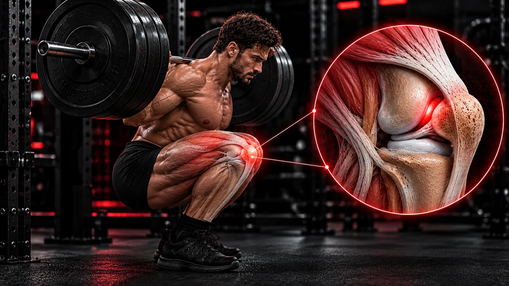 Knees hurt when squatting: a lifter at the bottom of a deep barbell squat with the front of the knee lit