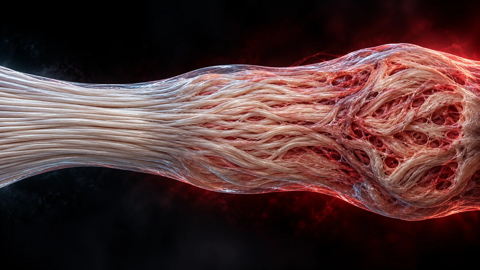 Tendonitis vs tendinosis: a tendon shown in three segments, aligned collagen, then swollen and disordered fibres, then thickened and frayed with small vessels