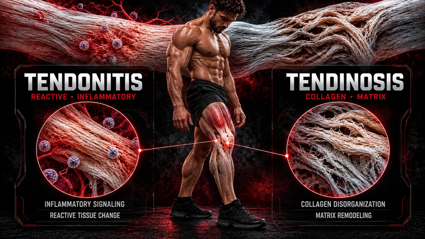 Tendonitis vs tendinosis comparison showing reactive tendon changes and collagen disorganization around the patellar tendon