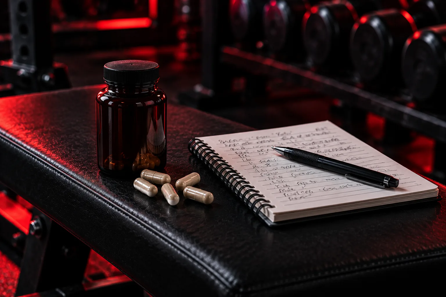 Turkesterone supplement: an unlabelled dark bottle with a few capsules spilled on a gym bench next to an open training log and a pen, red accent light