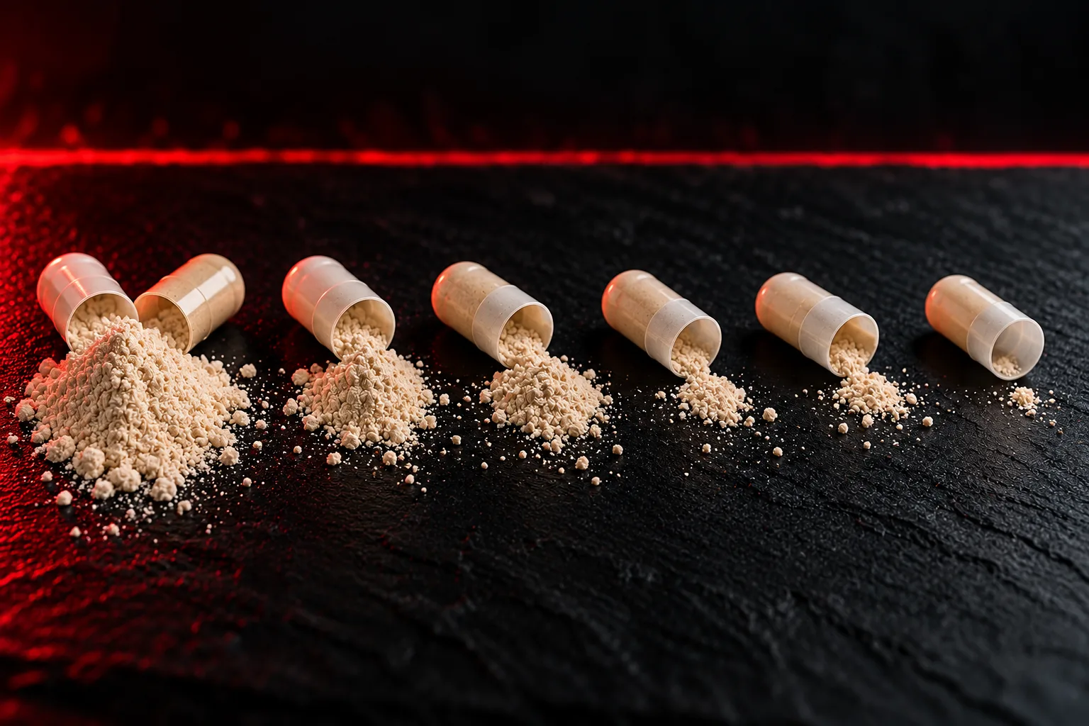 Turkesterone capsules: six opened supplement capsules in a row on a dark surface, each with a pile of powder in front that is a different size, from a large heap to a few grains